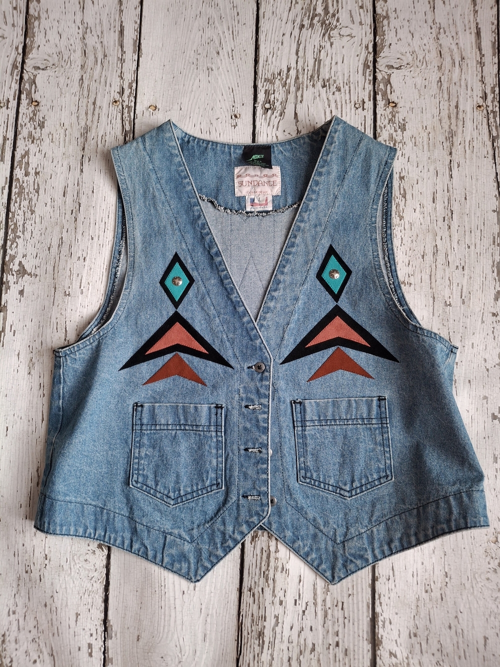Sundance Vintage Denim Vest with Geometric Leather Work And Cancho Accents
